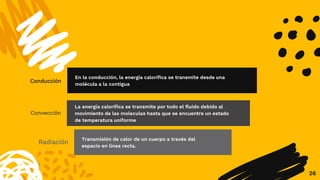 26
Conducción
En la conducción, la energía calorífica se transmite desde una
molécula a la contigua
Convección
La energía calorífica se transmite por todo el fluido debido al
movimiento de las moleculas hasta que se encuentre un estado
de temperatura uniforme
Radiación
Transmisión de calor de un cuerpo a través del
espacio en línea recta.
 