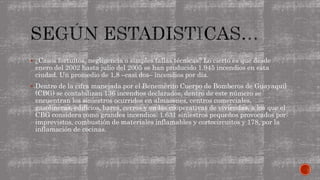  ¿Casos fortuitos, negligencia o simples fallas técnicas? Lo cierto es que desde
enero del 2002 hasta julio del 2005 se han producido 1.945 incendios en esta
ciudad. Un promedio de 1,8 –casi dos– incendios por día.
 Dentro de la cifra manejada por el Benemérito Cuerpo de Bomberos de Guayaquil
(CBG) se contabilizan 136 incendios declarados, dentro de este número se
encuentran los siniestros ocurridos en almacenes, centros comerciales,
gasolineras, edificios, bares, cerros y en las cooperativas de viviendas, a los que el
CBG considera como grandes incendios; 1.631 siniestros pequeños provocados por:
imprevistos, combustión de materiales inflamables y cortocircuitos y 178, por la
inflamación de cocinas.
 