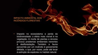 • Impacto no ecossistema e perda da
biodiversidade: o efeito mais visível é na
vegetação. A morte de plantas e árvores
provoca problemas ambientais inerentes
à desflorestação. Também a fauna
percorrida por um incêndio é gravemente
afetada, o que, por vezes, pode até levar
à extinção de espécies no habitat natural.
IMPACTO AMBIENTAL DOS
INCÊNDIOS FLORESTAIS
 