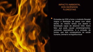 • Emissões de CO2 e fumo: o incêndio florestal
origina a libertação de gases com efeito
estufa, ao mesmo tempo que destrói a
florestação capaz de absorver CO2. Outro
fator que pode causar constrangimentos,
sobretudo respiratórios, é a emissão de
fumos, que terá consequência na saúde
humana, animal e na logística local.
IMPACTO AMBIENTAL
DOS INCÊNDIOS
FLORESTAIS
 
