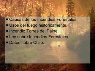 Causas de los Incendios Forestales. Usos del fuego históricamente. Incendio Torres del Paine. Ley sobre Incendios Forestales. Datos sobre Chile. 