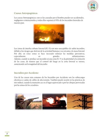 Causas Antropogénicas
    Las causas Antropogénicas: esto es las causadas por el hombre pueden ser accidentales,
    negligentes o intencionales y todas ellas suponen el 95% de los incendios forestales de
    nuestro país.




    Las zonas de interfaz urbano forestal (IU-F) son más susceptibles de sufrir incendios,
    debido a los riesgos que derivan de la actividad humana y su cercanía a la masa forestal.
    Por ello, en estas zonas se hace necesario reforzar las medidas preventivas,
    especialmente                 en                 grandes                 urbanizaciones.
    Además, cuando se produce un incendio en una zona IU-F se da prioridad a la extinción
    de las casas, de manera que el control del fuego en la zona forestal se retrasa,
    aumentando así la magnitud del incendio.



    Incendios por Accidente
    Una de las causas más comunes de los Incendios por Accidente son las sobrecargas
    eléctricas y caídas de cables de alta tensión. También puede ocurrir en las prácticas de
    tiro militar, cuando la munición cae en el lugar equivocado o por las chispas provocadas
    por las armas de los cazadores.




7
 