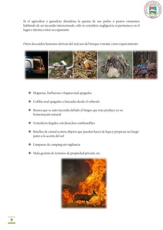 Si el agricultor o ganadero abandona la quema de sus podas o pastos estaremos
    hablando de un incendio intencionado, sólo se considera negligencia si permanece en el
    lugar e intenta evitar su expansión.



    Otros descuidos humanos derivan del mal uso del bosque o monte como esparcimiento:




        Hogueras, barbacoas o fogatas mal apagadas

        Colillas mal apagadas o lanzadas desde el vehículo

        Basura que se auto incendia debido al biogás que ésta produce en su
         fermentación natural

        Vertederos ilegales con desechos combustibles

        Botellas de cristal u otros objetos que pueden hacer de lupa y propiciar un fuego
         junto a la acción del sol

        Lámparas de camping sin vigilancia

        Mala gestión de terrenos de propiedad privada, etc.




9
 
