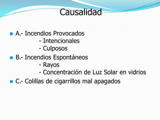 Causalidad

   A.- Incendios Provocados
              - Intencionales
              - Culposos
   B.- Incendios Espontáneos
              - Rayos
              - Concentración de Luz Solar en vidrios
   C.- Colillas de cigarrillos mal apagados
 