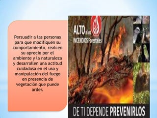 Persuadir a las personas
para que modifiquen su
comportamiento, realcen
su aprecio por el
ambiente y la naturaleza
y desarrollen una actitud
cuidadosa en el uso y
manipulación del fuego
en presencia de
vegetación que puede
arder.
 