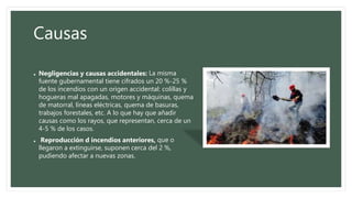 Causas
• Negligencias y causas accidentales: La misma
fuente gubernamental tiene cifrados un 20 %-25 %
de los incendios con un origen accidental: colillas y
hogueras mal apagadas, motores y máquinas, quema
de matorral, líneas eléctricas, quema de basuras,
trabajos forestales, etc. A lo que hay que añadir
causas como los rayos, que representan, cerca de un
4-5 % de los casos.
• Reproducción d incendios anteriores, que o
llegaron a extinguirse, suponen cerca del 2 %,
pudiendo afectar a nuevas zonas.
 