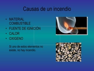 Causas de un incendio MATERIAL COMBUSTIBLE FUENTE DE IGNICIÓN CALOR OXIGENO Si uno de estos elementos no existe, no hay incendio.