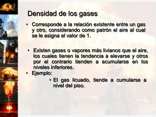 Cuando se fríen papas fritas, éstas conservan gotas de agua al ser lavadas y al entrar en contacto con el aceite caliente se produce el crepitar debido a la reacción de ambas sustancias, desplazando el aceite en todas las direcciones.Densidad de los gasesCorresponde a la relación existente entre un gas y otro, considerando como patrón el aire al cual se le asigna el valor de 1.Existen gases o vapores más livianos que el aire, los cuales tienen la tendencia a elevarse y otros por el contrario tienden a acumularse en los niveles inferiores.