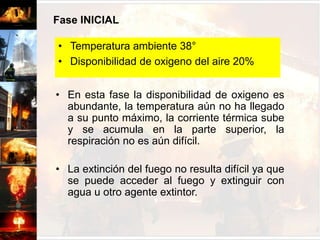 FASES DE LA COMBUSTIONLos métodos usados para extinguir un fuego dependerán en gran medida del estado del estado en que éste se encuentre.Los factores tales, como el tiempo que ha estado ardiendo, la ventilación que tenga la estructura y el tipo de combustible, deben ser cuidadosamente analizados