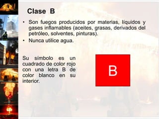Extinción por método indirecto, ventilación adecuada y producción de vapor por medio de chorros de neblina.Clasificación del fuegoClase ASon fuegos producidos por combustibles sólidos de tipo ordinario, tales como: madera, papel, cartón, géneros, cauchos y determinados plásticos.Nunca utilice extintores a base de anhídrido carbónico CO2 Su símbolo es un triangulo de color verde con una letra A de color blanco en su interior.A