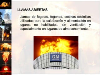 LÍQUIDOS INFLAMABLES	Líquidos y/o gases combustibles e inflamables mal almacenados, sin protección de seguridad en tapas y fijaciones, mantenerlos en armarios de madera sin ventilación adecuada, cerca de fuentes calóricas o el uso inapropiado son causas frecuentes de incendio.