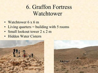 6. Graffon Fortress Watchtower  Watchtower 6 x 6 m Living quarters = building with 5 rooms  Small lookout tower 2 x 2 m Hidden Water Cistern 