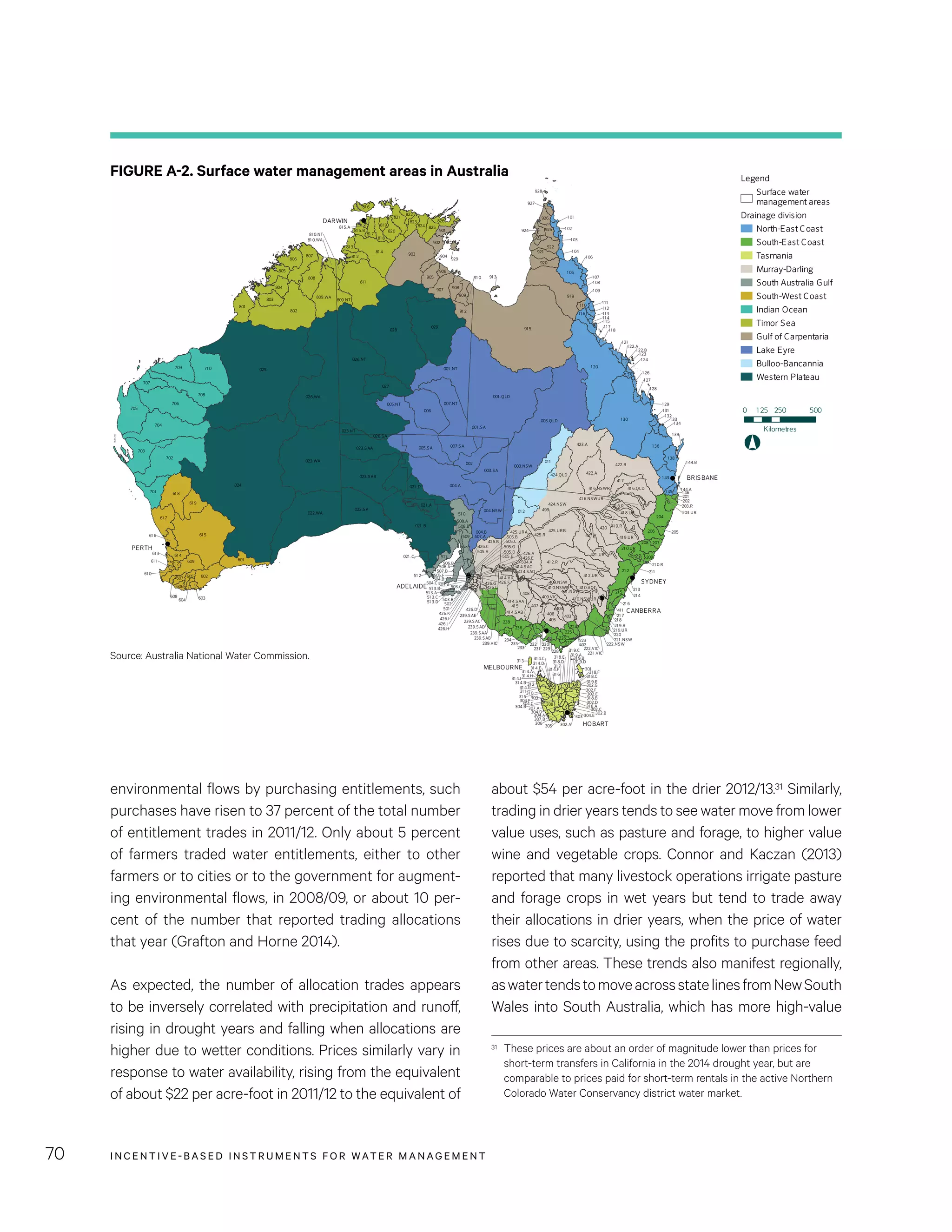 INCENTIVE-BASED INSTRUMENTS FOR WATER MANAGEMENT70
about $54 per acre-foot in the drier 2012/13.31 Similarly,
trading in drier years tends to see water move from lower
value uses, such as pasture and forage, to higher value
wine and vegetable crops. Connor and Kaczan (2013)
reported that many livestock operations irrigate pasture
and forage crops in wet years but tend to trade away
their allocations in drier years, when the price of water
rises due to scarcity, using the profits to purchase feed
from other areas. These trends also manifest regionally,
aswatertendstomoveacrossstatelinesfromNewSouth
Wales into South Australia, which has more high-value
31	 These prices are about an order of magnitude lower than prices for
short-term transfers in California in the 2014 drought year, but are
comparable to prices paid for short-term rentals in the active Northern
Colorado Water Conservancy district water market.
environmental flows by purchasing entitlements, such
purchases have risen to 37 percent of the total number
of entitlement trades in 2011/12. Only about 5 percent
of farmers traded water entitlements, either to other
farmers or to cities or to the government for augment-
ing environmental flows, in 2008/09, or about 10 per-
cent of the number that reported trading allocations
that year (Grafton and Horne 2014).
As expected, the number of allocation trades appears
to be inversely correlated with precipitation and runoff,
rising in drought years and falling when allocations are
higher due to wetter conditions. Prices similarly vary in
response to water availability, rising from the equivalent
of about $22 per acre-foot in 2011/12 to the equivalent of
81 0.NT
426.K
426.A
426.B
426.I
507.A
426.G
426.D
41 4.SAC
239.SAA
81 0.WA
809.WA
808
807
806
805
804
803
802
801
71 0709
708
707
706
705
704
703
702
701
61 9
61 8
61 7
61 6 61 5
61 461 3
61 2
611
61 0
609
608
607
606
605
604
602
601
026.WA
025
024
023.WA
022.WA
41 5
41 4.VIC
408
407
406
405
404
403
402
409.VIC
239.VIC
238
237
236
235
234
233
232
231
230
229
225
224
223
222.VIC
221 .VIC
31 4.I
31 4.H
31 2
31131 0
302.G
301
31 9.E
31 9.D
302.F
302.E
31 9.B
307.B
31 8.F
31 6
31 8.E
31 7
31 8.B
31 8.A
302.D
309
302.C
302.A
303 304.E
304.B
304.A
308
306
31 4.A
31 3
307.A
021 .D 004.A
023.SAB
51 3.D
51 3.C
51 3.B
51 3.A
426.C
023.SAA
503.C
501
003.SA
505.A
005.SA
021 .B
41 4.SAD
021 .C
026.SA
51 2
507.B
506.A
007.SA
426.F
506.B
021 .A
509
51 0
004.B
001 .SA
508.A
022.SA
511
508.B
239.SAC
239.SAE
41 4.SAA
002
41 6.QLD
11 7
11 0
924
1 23
1 22.B
925
923
1 34
1 29
423.A
11 3
1 27
1 44.B
1 04
91 5
1 28
11 8
1 22.A
922
1 261 25
424.QLD
1 02
1 24
1 05
422.A
11 4
111
91 3
928
1 43
41 7
91 9
1 38
1 03
11 2
1 06
927
1 01
1 44.A
921
11 5
11 6
1 46
001 .QLD
1 39
1 30
1 07
926
1 21
1 09
1 08
1 31
003.QLD
422.B
920
1 32
1 36
1 20
011
1 33
929
91 2
91 0
909
908
907
906
905
904
903
902
901
826
825824
823
822
821
820
81 9
81 8
81 7
81 6
81 5.B
81 5.A
81 4
81 3
81 2
811
809.NT
029
028
027
026.NT
023.NT
007.NT
006
005.NT
001 .NT
499
425.URB425.URA
425.R
421 .UR
421 .R
420
41 9.UR
41 9.R
41 8.UR
41 8.R
41 6.NSWR
41 6.NSWUR
41 2.UR
41 2.R
411
41 0.NSWUR
41 0.NSWR
409.NSW
401 .NSW
222.NSW
221 .NSW
220
21 9.UR
21 9.R
21 8
21 7
21 6
21 5
21 4
21 3
21 2 211
21 0.UR
21 0.R
208 207
206 205
204
203.UR
203.R
202
201
01 2
424.NSW
004.NSW
003.NSW
41 0.ACT
503.B
502
426.J
426.H
426.L
239.SAB
603
228
227
226
31 9.C
31 9.A
31 8.C
31 8.D
304.F
302.B
305
304.D
304.C
31 4.G
31 4.F31 4.E
31 4.D
31 4.C
31 5
31 4.B
505.C
503.A
504.B
504.C
505.E
504.A
505.G
505.F
505.B
426.E
505.D
41 4.SAB
239.SAD
1 45
209
PERTH
HOBART
SYDNEY
DARWIN
CANBERRA
ADELAIDE
BRISBANE
MELBOURNE
0 250 5001 25
Kilometres
Legend
Surface water
management areas
Drainage division
North-East Coast
South-East Coast
Tasmania
Murray-Darling
South Australia Gulf
South-West Coast
Indian Ocean
Timor Sea
Gulf of Carpentaria
Lake Eyre
Bulloo-Bancannia
Western Plateau
CommonwealthofAustralia© MapID: WA_L1_SWMA_28
WaterAustralian Resources 2005
FIGURE A-2. Surface water management areas in Australia
Source: Australia National Water Commission.
 