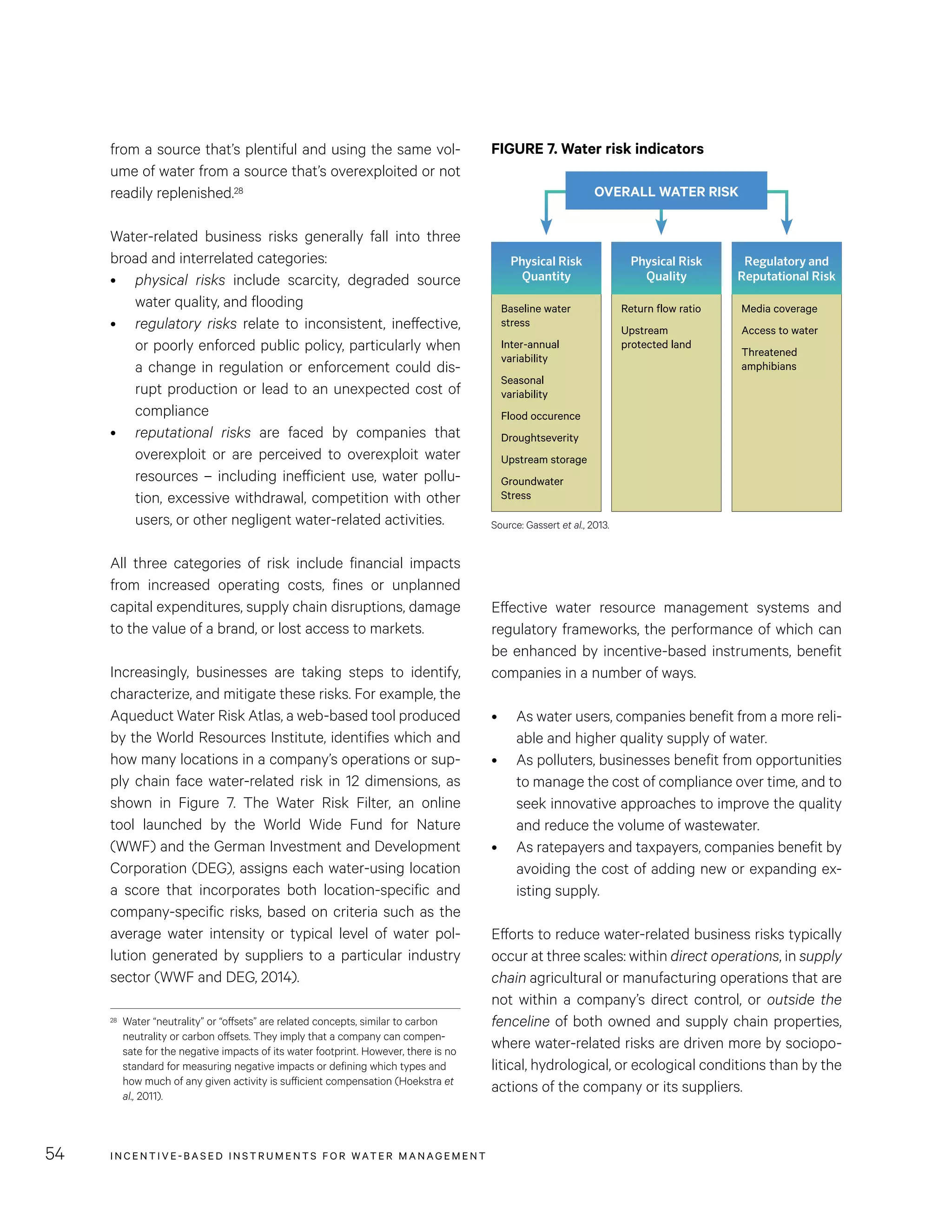 INCENTIVE-BASED INSTRUMENTS FOR WATER MANAGEMENT54
Effective water resource management systems and
regulatory frameworks, the performance of which can
be enhanced by incentive-based instruments, benefit
companies in a number of ways.
•	 As water users, companies benefit from a more reli-
able and higher quality supply of water.
•	 As polluters, businesses benefit from opportunities
to manage the cost of compliance over time, and to
seek innovative approaches to improve the quality
and reduce the volume of wastewater.
•	 As ratepayers and taxpayers, companies benefit by
avoiding the cost of adding new or expanding ex-
isting supply.
Efforts to reduce water-related business risks typically
occur at three scales: within direct operations, in supply
chain agricultural or manufacturing operations that are
not within a company’s direct control, or outside the
fenceline of both owned and supply chain properties,
where water-related risks are driven more by sociopo-
litical, hydrological, or ecological conditions than by the
actions of the company or its suppliers.
from a source that’s plentiful and using the same vol-
ume of water from a source that’s overexploited or not
readily replenished.28
Water-related business risks generally fall into three
broad and interrelated categories:
•	 physical risks include scarcity, degraded source
water quality, and flooding
•	 regulatory risks relate to inconsistent, ineffective,
or poorly enforced public policy, particularly when
a change in regulation or enforcement could dis-
rupt production or lead to an unexpected cost of
compliance
•	 reputational risks are faced by companies that
overexploit or are perceived to overexploit water
resources – including inefficient use, water pollu-
tion, excessive withdrawal, competition with other
users, or other negligent water-related activities.
All three categories of risk include financial impacts
from increased operating costs, fines or unplanned
capital expenditures, supply chain disruptions, damage
to the value of a brand, or lost access to markets.
Increasingly, businesses are taking steps to identify,
characterize, and mitigate these risks. For example, the
Aqueduct Water Risk Atlas, a web-based tool produced
by the World Resources Institute, identifies which and
how many locations in a company’s operations or sup-
ply chain face water-related risk in 12 dimensions, as
shown in Figure 7. The Water Risk Filter, an online
tool launched by the World Wide Fund for Nature
(WWF) and the German Investment and Development
Corporation (DEG), assigns each water-using location
a score that incorporates both location-specific and
company-specific risks, based on criteria such as the
average water intensity or typical level of water pol-
lution generated by suppliers to a particular industry
sector (WWF and DEG, 2014).
28	 Water “neutrality” or “offsets” are related concepts, similar to carbon
neutrality or carbon offsets. They imply that a company can compen-
sate for the negative impacts of its water footprint. However, there is no
standard for measuring negative impacts or defining which types and
how much of any given activity is sufficient compensation (Hoekstra et
al., 2011).
Baseline water
stress
Inter-annual
variability
Seasonal
variability
Flood occurence
Droughtseverity
Upstream storage
Groundwater
Stress
Return flow ratio
Upstream
protected land
Media coverage
Access to water
Threatened
amphibians
Physical Risk
Quantity
Physical Risk
Quality
Regulatory and
Reputational Risk
OVERALL WATER RISK
FIGURE 7. Water risk indicators
Source: Gassert et al., 2013.
 