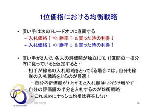 1位価格における均衡戦略
• 買い手は次のトレードオフに直面する
– 入札価格↑ => 勝率↑ & 買った時の利得↓
– 入札価格↓ => 勝率↓ & 買った時の利得↑
• 買い手が2人で、各人の評価額が独立に[0, 1]区間の一様分
布に従っていると仮定すると…
– 相手が線形の入札戦略をとってくる場合には、自分も線
形の入札戦略をとるのが最適！
• 自分の評価額が1上がると入札額は1/2だけ増やす
– 自分の評価額の半分を入札するのが均衡戦略
• これ以外にナッシュ均衡は存在しない
2017年2月 26
 