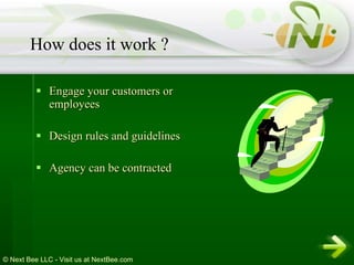 Engage your customers or employees Design rules and guidelines Agency can be contracted How does it work ? 