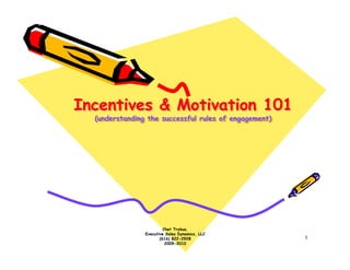 Incentives & Motivation 101
  (understanding the successful rules of engagement)
   (understanding the successful rules of engagement)




                         Chet Trybus,
                Executive Sales Dynamics, LLC
                       (616) 822-2928                   1
                          2009-2010
 