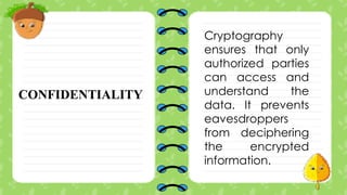 CONFIDENTIALITY
Cryptography
ensures that only
authorized parties
can access and
understand the
data. It prevents
eavesdroppers
from deciphering
the encrypted
information.
 