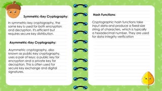 Symmetric-Key Cryptography:
In symmetric-key cryptography, the
same key is used for both encryption
and decryption. It's efficient but
requires secure key distribution.
Asymmetric-Key Cryptography:
Asymmetric cryptography, also
known as public-key cryptography,
uses a pair of keys: a public key for
encryption and a private key for
decryption. This is often used for
secure key exchange and digital
signatures.
Hash Functions:
Cryptographic hash functions take
input data and produce a fixed-size
string of characters, which is typically
a hexadecimal number. They are used
for data integrity verification
 