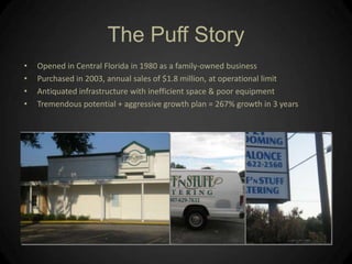 The Puff StoryOpened in Central Florida in 1980 as a family-owned businessPurchased in 2003, annual sales of $1.8 million, at operational limitAntiquated infrastructure with inefficient space & poor equipment Tremendous potential + aggressive growth plan = 267% growth in 3 years