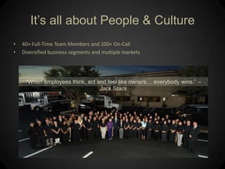 It’s all about People & Culture40+ Full-Time Team Members and 200+ On-Call Diversified business segments and multiple markets“When employees think, act and feel like owners… everybody wins.”  - Jack Stack