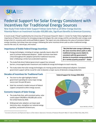 Federal Support for Solar Energy Consistent with
Incentives for Traditional Energy Sources
New Study Finds Federal Solar Support Follows Same Path as all Other Energy Sources;
Potential Return on Investment Includes 430,000 Jobs, Significant Benefits to American Economy
A recent studyi (“Study”) published by the University of Tennessee Howard H. Baker Jr. Center for Public Policy highlights the
importance of federal incentives for emerging energy technologies like solar energy and the vast benefits solar energy could
bring to the U.S. economy with continued federal support. The report not only emphasizes the value of consistent federal
energy incentives, but shows how solar energy is following the same incentive-driven path as other traditional energy
sources like coal, oil, natural gas, and nuclear.

Importance of Stable Federal Energy Incentives                                                                   “We find that solar energy is following
                                                                                                                 the same incentive-driven path as other
            Energy technologies, including oil and gas, typically require about 30                              traditional energy sources before it,
             years to achieve widespread adoption. Stable incentives have been                                   consistent with the government’s
             critical throughout this adoption period for traditional resources.                                 decision to incentivize energy production
             Solar is following a similar but accelerated trajectory.                                            for a variety of policy purposes” - Study
            The study finds direct federal government support has removed
             barriers, encouraged private investment and enabled all energy technologies to reach maturity.
            The study states that solar energy technologies are moving quickly toward widespread adoption. Consistent
             government support will be crucial for solar to become a major source of domestic energy production.

Decades of Incentives for Traditional Fuels
            The chart to the right highlights federal
             government spending for every major energy
             source over the past 60 years.
            Solar has received a modest amount of federal
             support compared to other energy sources.

Economic Impacts of Solar Energy
            The study finds that, with consistent policy, solar
             could support 200,000 to 430,000 jobs across
             the United States by 2020.
            Widespread solar adoption can lower peak
             electricity rates, strengthen our national energy
             portfolio, and benefit all Americans.

i
    Assessment of Incentives and Employment Impacts of Solar Industry Deployment, University of Tennessee Howard H. Baker Jr. Center for Public Policy (May 2012).



1
SEIA | www.seia.org                                                                                                                                     May 1, 2012
 