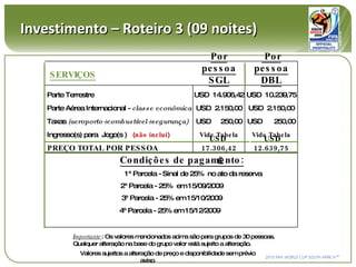 Investimento – Roteiro 3 (09 noites) SERVIÇOS Importante : Os valores mencionados acima são para grupos de 30 pessoas. Qualquer alteração na base do grupo valor está sujeito a alteração. Valores sujeitos a alteração de preço e disponibilidade sem prévio aviso .  Por pessoa SGL Por pessoa DBL Parte Terrestre USD  14.906,42 USD  10.239,75 Parte Aérea Internacional -  classe econômica USD  2.150,00 USD  2.150,00 Taxas  (aeroporto+combustível+segurança) USD  250,00 USD  250,00 Ingresso(s) para  Jogo(s )  ( não inclui ) Vide Tabela Vide Tabela PREÇO TOTAL POR PESSOA  USD  17.306,42 USD  12.639,75   Condições de pagamento: 1ª Parcela - Sinal de 25%  no ato da reserva 2ª Parcela - 25%  em 15/09/2009 3ª Parcela - 25% em 15/10/2009 4ª Parcela - 25% em 15/12/2009 