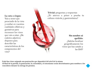 Trivial: preguntas y respuestas
   La cata a ciegas:                                      ¿Te atreves a poner a prueba tu
   Vais a tener que                                       cultura vinícola y gastronómica?
   prescindir de la vista
   y confiar en vuestras
   cualidades olfativas y
   gustativas para
   reconocer los vinos
   que vais a catar. ¿De                                                            Sin nombre ni
   cuántos adjetivos                                                                      apellido:
   dispones para                                                                  ¿Sabrías localizar
   describir las                                                               geográficamente los
   características de los                                                    vinos que has catado y
   componentes del                                                                         las D.O?
   vino?



Cada fase tiene asignada una puntuación que dependerá del nivel de la misma.
Al final de la partida, la puntuación, la curiosidad y el entusiasmo serán determinantes para nombrar a los
vencedores durante la entrega de premios.
 