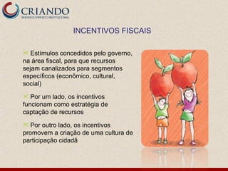INCENTIVOS FISCAIS

  Estímulos concedidos pelo governo,
na área fiscal, para que recursos
sejam canalizados para segmentos
específicos (econômico, cultural,
social)
  Por um lado, os incentivos
funcionam como estratégia de
captação de recursos
  Por outro lado, os incentivos
promovem a criação de uma cultura de
participação cidadã
 