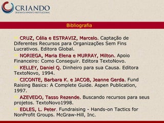 Bibliografia

  CRUZ, Célia e ESTRAVIZ, Marcelo. Captação de
Diferentes Recursos para Organizações Sem Fins
Lucrativos. Editora Global.
 NORIEGA, Maria Elena e MURRAY, Milton. Apoio
Financeiro: Como Conseguir. Editora TextoNovo.
 KELLEY, Daniel Q. Dinheiro para sua Causa. Editora
TextoNovo, 1994.
 CICONTE, Barbara K. e JACOB, Jeanne Gerda. Fund
Raising Basics: A Complete Guide. Aspen Publication,
1997.
 AZEVEDO, Tasso Rezende. Buscando recursos para seus
projetos. TextoNovo1998.
 EDLES, L. Peter. Fundraising - Hands-on Tactics for
NonProfit Groups. McGraw-Hill, Inc.
 