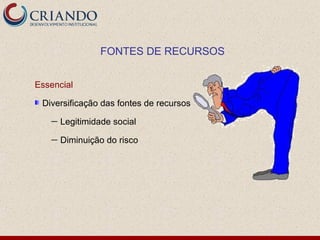 FONTES DE RECURSOS


Essencial

 Diversificação das fontes de recursos
   —   Legitimidade social
   —   Diminuição do risco
 
