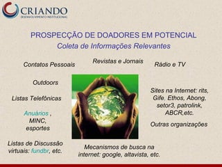 PROSPECÇÃO DE DOADORES EM POTENCIAL
              Coleta de Informações Relevantes
                               Revistas e Jornais
      Contatos Pessoais                                 Rádio e TV

         Outdoors
                                                       Sites na Internet: rits,
 Listas Telefônicas                                     Gife, Ethos, Abong,
                                                         setor3, patrolink,
      Anuários ,                                             ABCR,etc.
       MINC,
                                                       Outras organizações
      esportes

Listas de Discussão
                             Mecanismos de busca na
virtuais: fundbr, etc.
                          internet: google, altavista, etc.
 