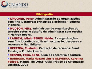Bibliografia
  DRUCKER, Peter. Administração de organizações
sem fins lucrativos: principios e práticas – Editora
Pioneira.
  HUDSON, Mike. Administrando organizações do
terceiro setor: o desafio de administrar sem receita
– Makron Books.
  LANDIM, leilah; BERES, Neide. As organizações
sem fins lucrativos no Brasil: ocupação, despesas e
recursos – Nau Editora
  PEREIRA, Custódio. Captação de recursos, Fund
Raising – Ed. Mackenzie.
  CESNIK, Fábio de Sá. Guia do Incentivo à Cultura
  BARBOSA, Maria Nazaré Lins e OLIVEIRA, Carolina
Felippe. Manual de ONGs, Guia Prático de Orientação
Jurídica, 2001
 