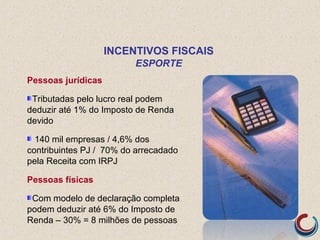 Pessoas jurídicas
Tributadas pelo lucro real podem
deduzir até 1% do Imposto de Renda
devido
140 mil empresas / 4,6% dos
contribuintes PJ / 70% do arrecadado
pela Receita com IRPJ
Pessoas físicas
Com modelo de declaração completa
podem deduzir até 6% do Imposto de
Renda – 30% = 8 milhões de pessoas
INCENTIVOS FISCAIS
ESPORTE
 
