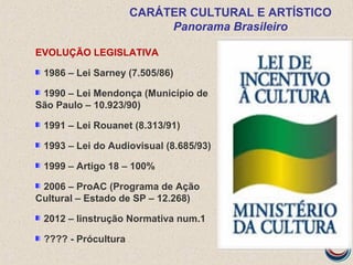EVOLUÇÃO LEGISLATIVA
1986 – Lei Sarney (7.505/86)
1990 – Lei Mendonça (Município de
São Paulo – 10.923/90)
1991 – Lei Rouanet (8.313/91)
1993 – Lei do Audiovisual (8.685/93)
1999 – Artigo 18 – 100%
2006 – ProAC (Programa de Ação
Cultural – Estado de SP – 12.268)
2012 – Iinstrução Normativa num.1
???? - Prócultura
CARÁTER CULTURAL E ARTÍSTICO
Panorama Brasileiro
 