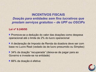 Lei nº 9.249/95
Promove-se a dedução do valor das doações como despesa
operacional até o limite de 2% do lucro operacional
A declaração de Imposto de Renda da doadora deve ser com
base no Lucro Real (vedado às de lucro presumido ou Simples)
34% da doação “recuperada” (deixa-se de pagar para ao
Governo e investe-se na entidade)
66% da doação é efetiva
INCENTIVOS FISCAIS
Doação para entidades sem fins lucrativos que
prestam serviços gratuitos – de UPF ou OSCIPs
 