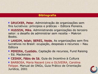 DRUCKER, Peter.DRUCKER, Peter. Administração de organizações semAdministração de organizações sem
fins lucrativos: principios e práticas – Editora Pioneira.fins lucrativos: principios e práticas – Editora Pioneira.
HUDSON, Mike.HUDSON, Mike. Administrando organizações do terceiroAdministrando organizações do terceiro
setor: o desafio de administrar sem receita – Makronsetor: o desafio de administrar sem receita – Makron
Books.Books.
LANDIM, leilah; BERES, Neide.LANDIM, leilah; BERES, Neide. As organizações sem finsAs organizações sem fins
lucrativos no Brasil: ocupação, despesas e recursos – Naulucrativos no Brasil: ocupação, despesas e recursos – Nau
EditoraEditora
PEREIRA, Custódio.PEREIRA, Custódio. Captação de recursos, Fund RaisingCaptação de recursos, Fund Raising
– Ed. Mackenzie.– Ed. Mackenzie.
CESNIK, Fábio de Sá.CESNIK, Fábio de Sá. Guia do Incentivo à CulturaGuia do Incentivo à Cultura
BARBOSA, Maria Nazaré Lins e OLIVEIRA, Carolina
Felippe. Manual de ONGs, Guia Prático de Orientação
Jurídica, 2001
Bibliografia
 