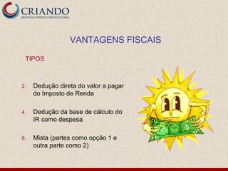 VANTAGENS FISCAIS TIPOS Dedução direta do valor a pagar do Imposto de Renda Dedução da base de cálculo do IR como despesa Mista (partes como opção 1 e outra parte como 2) 
