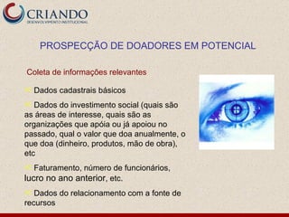 Dados cadastrais básicos Dados do investimento social (quais são as áreas de interesse, quais são as organizações que apóia ou já apoiou no passado, qual o valor que doa anualmente, o que doa (dinheiro, produtos, mão de obra), etc Faturamento, número de funcionários,  lucro no ano anterior , etc. Dados do relacionamento com a fonte de recursos PROSPECÇÃO DE DOADORES EM POTENCIAL Coleta de informações relevantes 