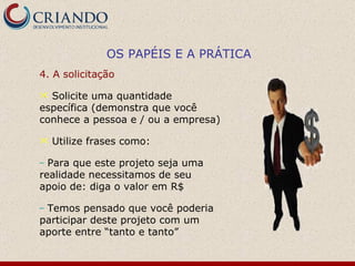 4. A solicitação Solicite uma quantidade específica (demonstra que você conhece a pessoa e / ou a empresa) Utilize frases como: Para que este projeto seja uma realidade necessitamos de seu apoio de: diga o valor em R$ Temos pensado que você poderia participar deste projeto com um aporte entre “tanto e tanto” OS PAPÉIS E A PRÁTICA 