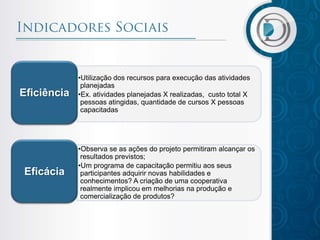 •Utilização dos recursos para execução das atividades
planejadas
•Ex. atividades planejadas X realizadas, custo total X
pessoas atingidas, quantidade de cursos X pessoas
capacitadas
Eficiência
•Observa se as ações do projeto permitiram alcançar os
resultados previstos;
•Um programa de capacitação permitiu aos seus
participantes adquirir novas habilidades e
conhecimentos? A criação de uma cooperativa
realmente implicou em melhorias na produção e
comercialização de produtos?
Eficácia
 
