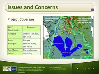 11 of 24
Climate Resilience and Green Growth in the
Upper Marikina River Basin Protected
Landscape: Demonstrating the Eco-town
Framework
www.climate.gov.ph
Tel: 02 7353144, 02 7353069
Issues and Concerns
City/
Municipality
Barangay
Antipolo Calawis, San Jose,
San Juan
Baras Pinugay
RodrigueZ Mascap, Puray,
San Rafael
San Mateo Pintong Bukawe
Tanay Cuyambay
Project Coverage
 