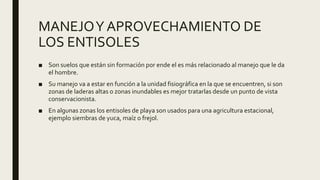 MANEJOY APROVECHAMIENTO DE
LOS ENTISOLES
■ Son suelos que están sin formación por ende el es más relacionado al manejo que le da
el hombre.
■ Su manejo va a estar en función a la unidad fisiográfica en la que se encuentren, si son
zonas de laderas altas o zonas inundables es mejor tratarlas desde un punto de vista
conservacionista.
■ En algunas zonas los entisoles de playa son usados para una agricultura estacional,
ejemplo siembras de yuca, maíz o frejol.
 