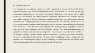 ■ Concepto general:
Los Inceptisoles son aquellos suelos que están empezando a mostrar el desarrollo de los
horizontes puesto que son bastante jóvenes todavía en evolución. Es por ello, que en este
orden aparecerán suelos con uno o más horizontes de diagnóstico cuya génesis sea de rápida
formación, con procesos de translocación de materiales o meteorización extrema. Incluye
una amplia variedad de suelos. En algunas zonas los Inceptisoles son suelos con un mínimo
desarrollo del perfil (aunque eso sí, más desarrollados que los Entisoles), mientras que en
otras son suelos con horizontes de diagnóstico que no cumplen los requisitos exigidos para
otros órdenes de suelos. Pueden presentar horizontes de diagnóstico y epipedones como los
úmbricos, antrópicos, óchricos, hísticos, móllicos y plaggen. Pero sólo unos pocos tienen un
epipedón móllico y los horizontes de diagnóstico más comunes son el horizonte cámbico y
un fragipan, aunque también pueden aparecer horizontes cálcicos, petrocálcico o duripan.
No se le permiten horizontes óxicos, nítricos o sálicos, ni la presencia de plintita en fase
continúa, así como tampoco argílico, nítrico o kándico (a menos que estos horizontes estén
enterrados), porque estos horizontes indican un alto desarrollo.
 