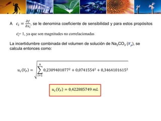 A 푐푖 = 
휕푓 
휕푥푖 
, se le denomina coeficiente de sensibilidad y para estos propósitos 
ci= 1, ya que son magnitudes no correlacionadas 
La incertidumbre combinada del volumen de solución de Na2CO3 (Vp), se 
calcula entonces como: 
푢푐 푉푃 = 
푛 
0,23094010772 + 0,07415542 + 0,34641016152 
푖=1 
푢푐 푉푃 = 0,422885749 푚퐿 
 
