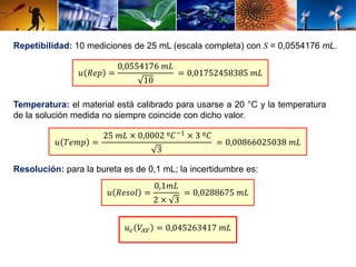 Repetibilidad: 10 mediciones de 25 mL (escala completa) con S = 0,0554176 mL. 
푢 푅푒푝 = 
0,0554176 푚퐿 
10 
= 0,01752458385 푚퐿 
Temperatura: el material está calibrado para usarse a 20 °C y la temperatura 
de la solución medida no siempre coincide con dicho valor. 
푢 푇푒푚푝 = 
25 푚퐿 × 0,0002 º퐶−1 × 3 º퐶 
3 
= 0,00866025038 푚퐿 
Resolución: para la bureta es de 0,1 mL; la incertidumbre es: 
푢 푅푒푠표푙 = 
0,1푚퐿 
2 × 3 
= 0,0288675 푚퐿 
푢푐 푉퐴푉 = 0,045263417 푚퐿 
 