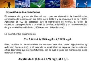 Expresión de los Resultados 
El número de grados de libertad con que se determinó la incertidumbre 
combinada del ensayo con los datos de la tabla 9 y la ecuación 6 es de 18009. 
Aplicando el TLC se establece que la distribución es normal. El factor de 
cobertura correspondiente a un nivel de confianza del 95% y un número efectivo 
de grados de libertad infinito (18009) es de 1,96 (t-Student). 
La incertidumbre expandida es: 
U = 1,96 × 0,945806 mg/L= 1,85378 mg/L 
Para reportar la incertidumbre se expresa con dos cifras significativas (y 
redondeo hacia arriba), y el valor de la alcalinidad se expresa con las mismas 
cifras decimales que su incertidumbre, con lo cual el valor del mensurando debe 
reportarse como: 
Alcalinidad: (134,4 ± 1,9) mg CaCO3/L 
 