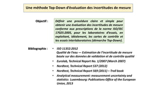 Une méthode Top-Down d’évaluation des incertitudes de mesure
Objectif : Définir une procédure claire et simple pour
obtenir une évaluation des incertitudes de mesure
conforme aux prescriptions de la norme ISO/IEC
17025:2005, pour les laboratoires d’essais, en
exploitant, idéalement, les cartes de contrôle et
les essais interlaboratoires (démarche Top-Down).
Bibliographie : • ISO 11352:2012
Qualité de l’eau — Estimation de l’incertitude de mesure
basée sur des données de validation et de contrôle qualité
• Eurolab, Technical Report No. 1/2007 (March 2007)
• Nordtest, Technical Report 537 (2012)
• Nordtest, Technical Report 569 (2011) – Troll book
• Analytical measurement: measurement uncertainty and
statistics Luxembourg: Publications Office of the European
Union, 2013
 