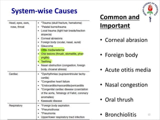 System-wise Causes
Common and
Important
• Corneal abrasion
• Foreign body
• Acute otitis media
• Nasal congestion
• Oral thrush
• Bronchiolitis 12
 