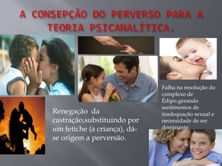 Falha na resolução do
                              complexo de
                              Édipo.gerando
                              sentimentos de
Renegação da                  inadequação sexual e
castração,substituindo por    necessidade de ser
um fetiche (a criança), dá-   dominante.
se origem a perversão.
 